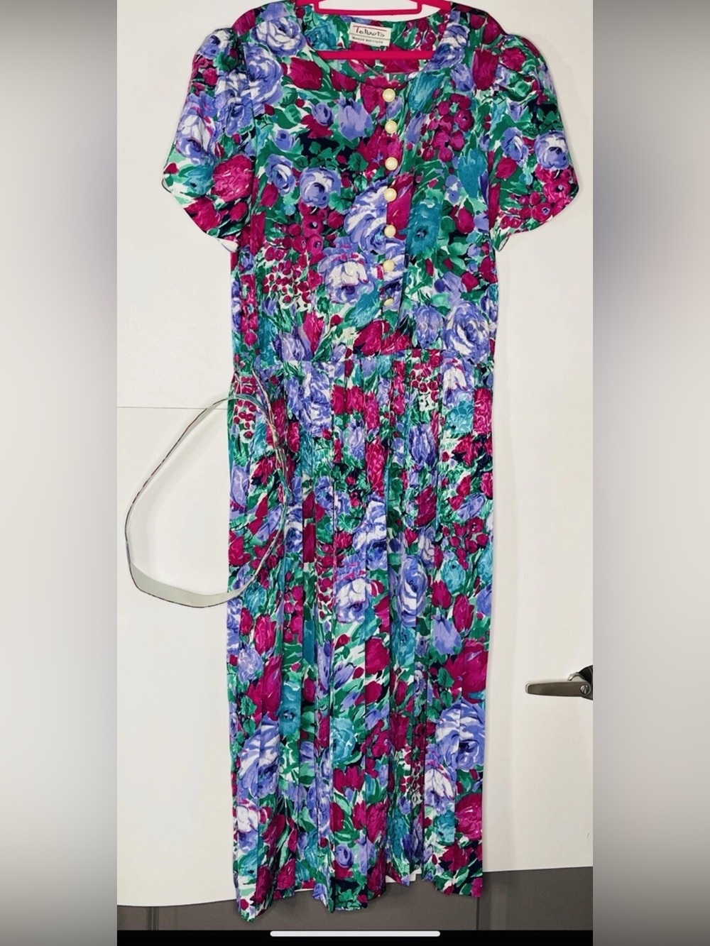 Vintage SILK Talbots' Floral Short-Sleeve Maxi Dress in Magenta, Teal & Lavender